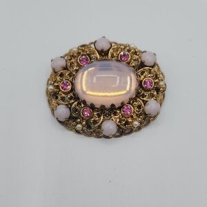 West Germany Pink And White Moonstone Caboshons in a Gold Filgree Setting Brooch